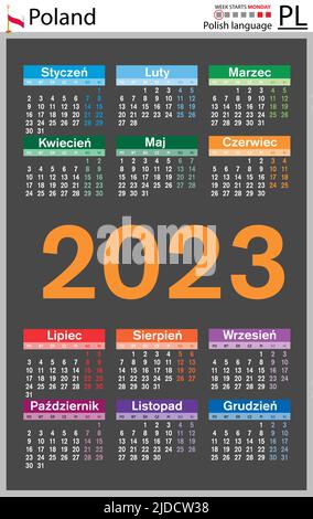 Calendario tascabile verticale polacco per il 2023 (duemilventitré). La settimana inizia lunedì. Anno nuovo. Design semplice a colori. Vettore Illustrazione Vettoriale