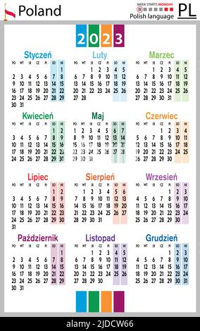 Calendario tascabile verticale polacco per il 2023 (duemilventitré). La settimana inizia lunedì. Anno nuovo. Design semplice a colori. Vettore Illustrazione Vettoriale
