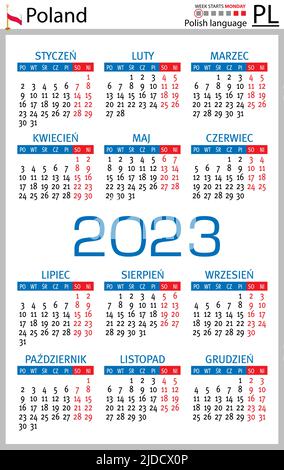 Calendario tascabile verticale polacco per il 2023 (duemilventitré). La settimana inizia lunedì. Anno nuovo. Design semplice a colori. Vettore Illustrazione Vettoriale