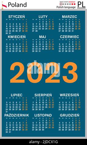 Calendario tascabile verticale polacco per il 2023 (duemilventitré). La settimana inizia lunedì. Anno nuovo. Design semplice a colori. Vettore Illustrazione Vettoriale