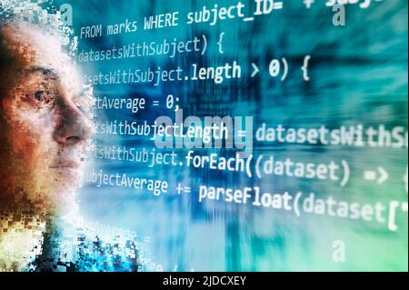 codice uomo e computer deframmentati, concetto di furto di identità Foto Stock