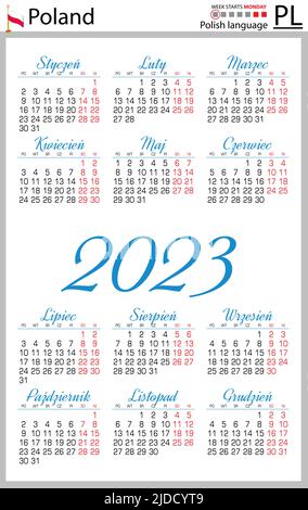 Calendario tascabile verticale polacco per il 2023 (duemilventitré). La settimana inizia lunedì. Anno nuovo. Design semplice a colori. Vettore Illustrazione Vettoriale