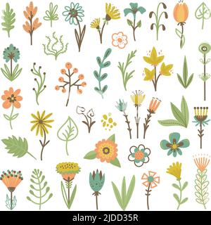 Astratto rami di fiori scandinavi. Fiori d'arte clipart, snowdrop e scaster, camomilla decorativa. Botanica fiori isolati elementi neoterici Illustrazione Vettoriale