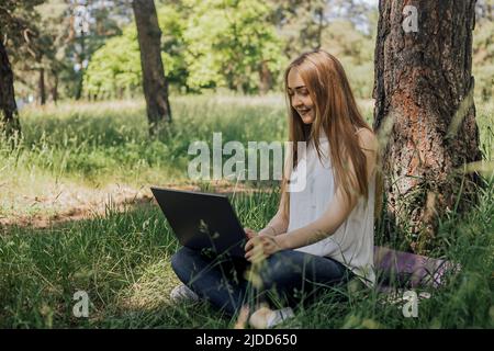 Sul banner, una giovane ragazza lavora con un computer portatile all'aria aperta nel parco, seduto sul prato. Il concetto di lavoro a distanza. Lavora come freelance. La ragazza prende corsi su un portatile e sorride Foto Stock