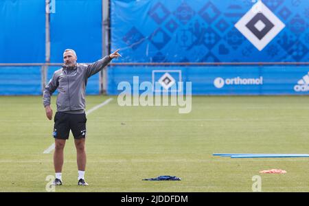 20 giugno 2022, Amburgo: Calcio: 2nd Bundesliga, Hamburger SV allenamento calcio-off. Tim Walter, allenatore di testa, guarda i giocatori di Hamburger Sportverein durante l'inizio dell'allenamento presso il campo di allenamento di Volksparkstadion. Foto: Georg Wendt/dpa Foto Stock