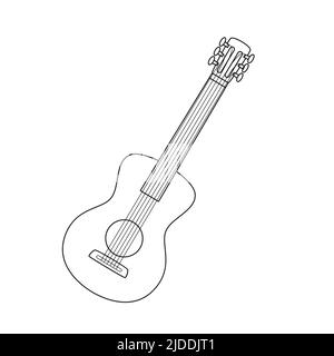 Doodle chitarra classica a sei corde. Uno strumento musicale a corde. Un simbolo di escursioni, campeggio, viaggi. Contorno bianco e nero illustrazione vettoriale i Illustrazione Vettoriale