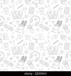 Pattern senza giunture con elementi doodle per show online, podcast, radio. Profilo microfono disegnato a mano, cuffie, bocca femmina, vaso fiore. Nero AN Illustrazione Vettoriale