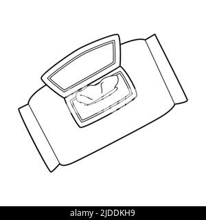 Stappate una confezione aperta di panni bagnati o tovaglioli di carta. Prodotto igienico per le condizioni di trekking, campeggio, escursioni, viaggi. Contorno bianco e nero vecto Illustrazione Vettoriale