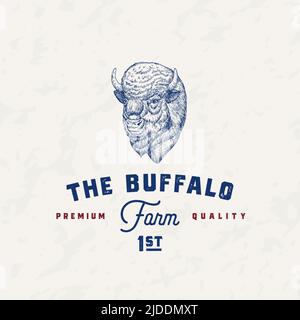 Modello con logo Buffalo Meat Farm retro Badge. Disegno a mano di Bison Face Sketch con tipografia retrospettiva. Vintage Bull Steaks Sketch Emblem isolato Illustrazione Vettoriale