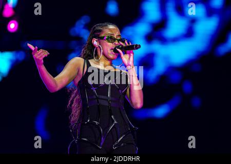 Lisbona, Portogallo, 19th giugno 2022. Secondo giorno di Rock nel Rio Lisboa Festival al Bela Vista Park. American hip hop band, Black Eyed Peas durante la performance © ABEL F. ROS/Alamy Live News Foto Stock