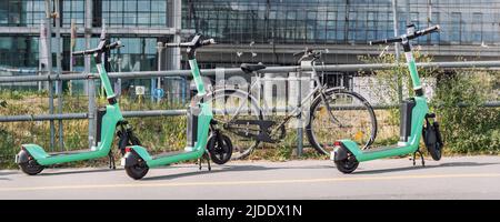 Molti moderni scooter elettrici verdi che condividono la strada della città parcheggiata. Servizio self-service di noleggio di mezzi di trasporto su strada. Noleggia un veicolo per mobilità urbana con Foto Stock