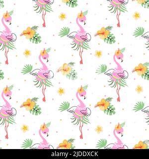Flamingo senza cuciture. Divertente spiaggia fenicotteri rosa stampa bianca. Uccelli esotici e foglie di palma tropicali. Estate spiaggia hawaii semplice vettore oggi Illustrazione Vettoriale