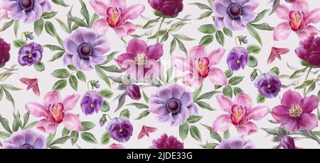 Motivo floreale, raffigurante un orchidea, anemone, hellebore, pantie. Illustrazioni acquerello Foto Stock