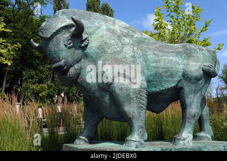 Kiev, Ucraina 6 luglio 2021: Scultura di un bufalo vicino all'ingresso dello zoo nel centro di Kiev Foto Stock