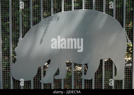 Kiev, Ucraina 6 luglio 2021: Decorazione artistica della facciata della recinzione con immagini di animali da zoo nel centro di Kiev Foto Stock