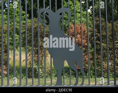 Kiev, Ucraina 6 luglio 2021: Decorazione artistica della facciata della recinzione con immagini di animali da zoo nel centro di Kiev Foto Stock