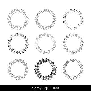 Allori a bordo tondo vettore set. Set di diverse lamelle di alloro a cerchio lineare. Rami armiali. y. Illustrazione Vettoriale