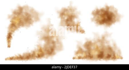 Nuvole di polvere realistiche isolate su sfondo bianco. Tempesta di sabbia con particelle di sporco, aria marrone sporca inquinata, smog. Illustrazione vettoriale Illustrazione Vettoriale