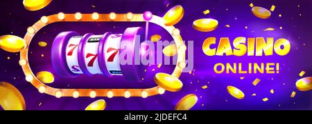 Casinò slot machine con telaio luci e monete d'esplosione realistiche 3D dorate su sfondo viola. Vincendo i numeri di combinazione del jackpot fortunato di tre sette. Giochi d'azzardo banner illustrazione vettoriale Illustrazione Vettoriale