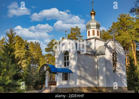 Piccola chiesa nella foresta. Velyki Berezhtsi, Kremenets, Ternopil regione, Ucraina. Foto Stock