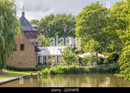 Paesaggio urbano, stagno in un parco pubblico circondato da alberi verdi lussureggianti, casa con pareti di mattoni, tetto grigio a falce con una terrazza sullo sfondo, SPR soleggiato Foto Stock