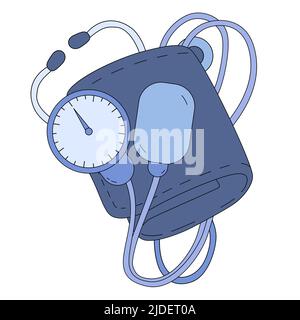 Tonometro meccanico con bracciale, manometro e stetoscopio. Sfigmomanometro aneroide in stile cartoon isolato su sfondo bianco. Un dispositivo per Illustrazione Vettoriale