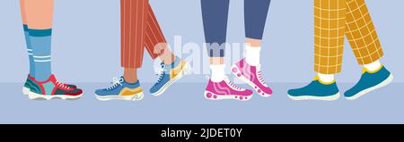 Banner per calzature sportive. Gambe nelle sneakers vista laterale. Concetto di stile di vita sano. Donne e uomini che camminano in sneakers. Attività giornaliera. Illustrazione vettoriale piatta Illustrazione Vettoriale