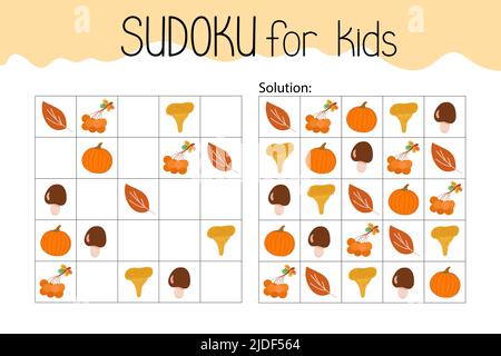 Sudoku gioco educativo o attività di tempo libero foglio di lavoro illustrazione vettoriale, griglia stampabile per riempire le immagini mancanti, vocabolario di attualità autunno, puzzle con la sua soluzione, risorse per insegnanti Illustrazione Vettoriale