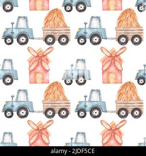 Acquerello farm trasporto modello senza giunture. Oggetti disegnati a mano: Cute stampa del trattore. Country LIFE per i bambini tessili Foto Stock