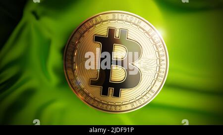 Moneta di Bitcoin sullo sfondo verde sateen. Simbolo di criptovaluta digitale decentralizzato. 3D illustrazione. Foto Stock