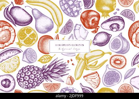 Fruits design di fondo senza cuciture. Stile inciso. Banane, pere, kiwi, ecc. sfilati a mano Illustrazione Vettoriale