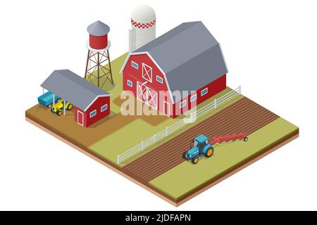 Fattoria isometrica con trattore agricolo, campi coltivati. Agricoltura campo di grano. Illustrazione Vettoriale