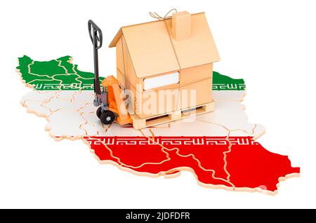 Servizio di trasferimento residenziale in Iran, concetto. Transpallet idraulico manuale con pacco di cartone su mappa iraniana, 3D reso isolato su ba bianca Foto Stock