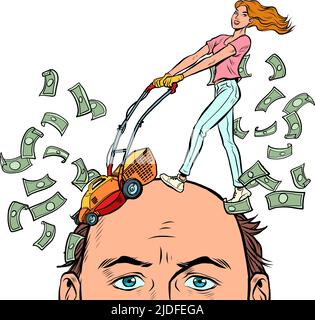 Marito e moglie, problemi a causa dei soldi. Divorzio costoso, concetto di contenzioso finanziario. Haircut dollari. Pop art retro vettore Illustrazione 50s 6 Illustrazione Vettoriale