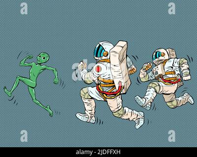 Gli astronauti corrono dopo l'alieno. Polizia spaziale. Pop Art retro Vector Illustration Kitsch Vintage 50s 60s Style Illustrazione Vettoriale