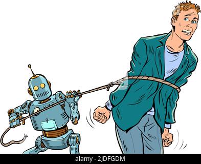 il robot ha assalito le persone, l'intelligenza artificiale ha catturato un essere umano. La superiorità del concetto di elettronica e computer. Pop Art retro Vector Illustr Illustrazione Vettoriale
