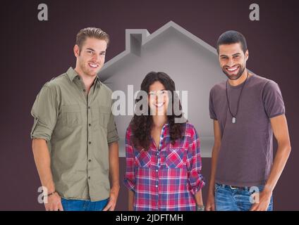 Gruppo di amici diversi sorridenti con l'icona della casa e spazio copia su sfondo viola Foto Stock