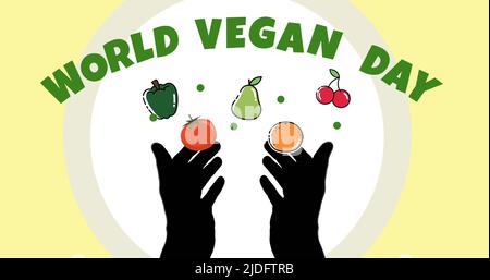 Immagine del testo del giorno vegano del mondo in verde, sopra illustrazione delle verdure e delle mani fresche Foto Stock