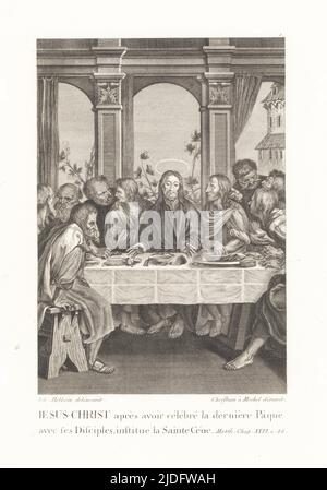 Gesù Cristo e gli apostoli nell'ultima cena. Jesus-Christ apres avoir celebre la derniere Paque ave ces discepoli. Matteo XXVI v. 26. Da le Passion de Notre Seigneur, la Passione di nostro Signore, 1784. Incisione copperplate di Christian Mechel dopo Hans Holbein in Oeuvre de Jean Holbein di Christian von Mechel, Chez Guillaume Haas, Basilea, 1784. Foto Stock