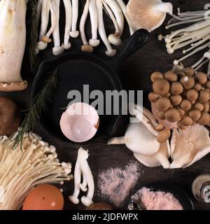 Vari tipi di funghi crudi - funghi Portobello, Champignons, Shimeji, funghi Enoki. Funghi sfondo, rustica vista dall'alto Foto Stock