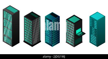 ambiente isolato delle apparecchiature server di set isometrico . Illustrazione vettoriale Illustrazione Vettoriale
