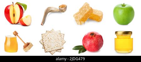 Diversi simboli di Rosh Hashanah (Capodanno ebraico) isolato su bianco Foto Stock