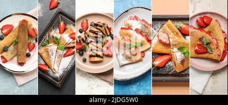 Set di gustosi pancake sottili con frutti di bosco estivi, vista dall'alto Foto Stock