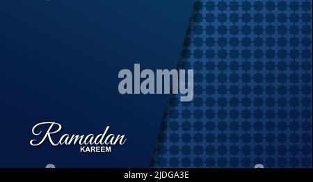 Banner vacanza Ramadan con iscrizione bianca scritta a mano Ramadan Kareem e motivo arabo blu scuro. Illustrazione vettoriale Illustrazione Vettoriale