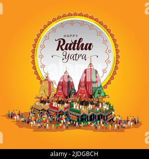 Festa indiana Ratha Yatra di Lord Jagannath, Balabhadra e Subhadra su Chariot con la gente. Disegno vettoriale Illustrazione Vettoriale