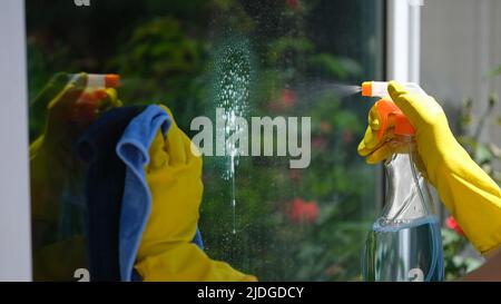 Donna che utilizza detergente e straccio per la pulizia della finestra Foto Stock