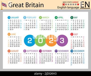 Calendario tascabile orizzontale inglese per il 2023 (duemilventitré). La settimana inizia domenica. Anno nuovo. Design semplice a colori. Vettore Illustrazione Vettoriale