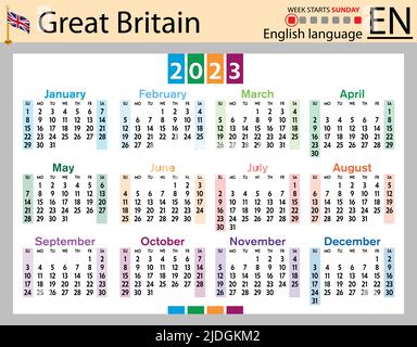 Calendario tascabile orizzontale inglese per il 2023 (duemilventitré). La settimana inizia domenica. Anno nuovo. Design semplice a colori. Vettore Illustrazione Vettoriale