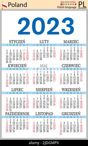 Calendario tascabile verticale polacco per il 2023 (duemilventitré). La settimana inizia domenica. Anno nuovo. Design semplice a colori. Vettore Illustrazione Vettoriale