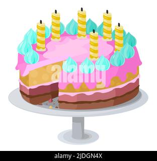 Torta compleanno cartoon grande illustrazione vettoriale colore, orizzontale, su bianco, isolato Illustrazione Vettoriale